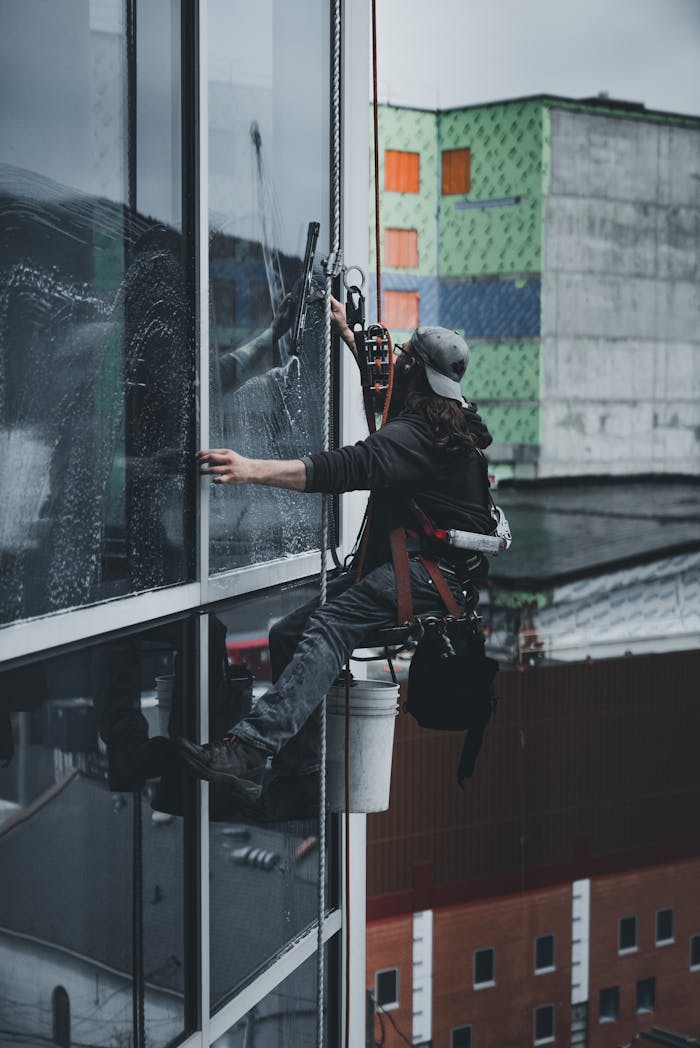 A man in a harness cleaning skyscraper windows with precision.